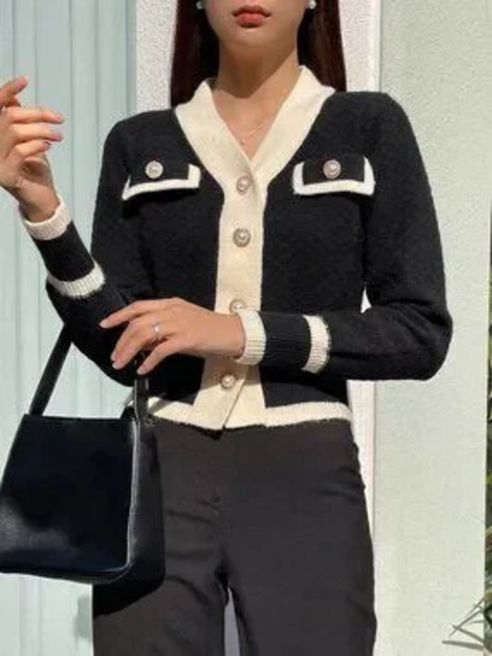 ZARA Black Casual Women's Colorblock Long Sleeve Button Design Cardigan